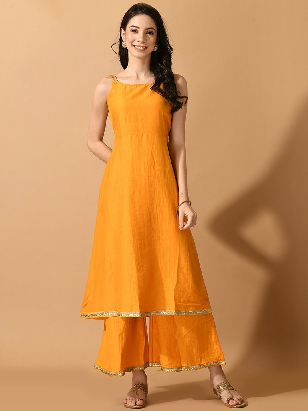 

KALINI Shoulder Straps A-Line Kurta With Palazzos, Yellow