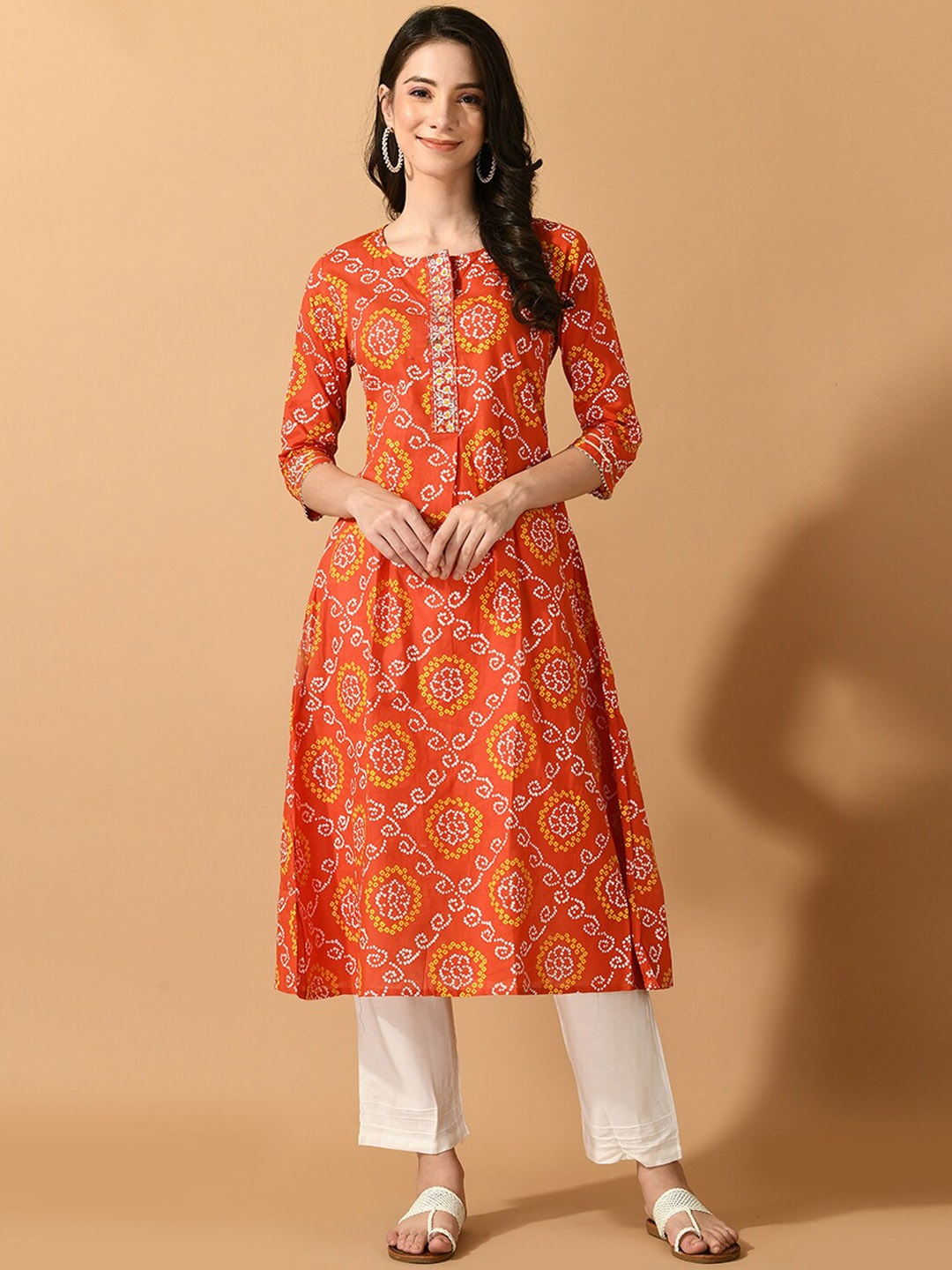 

KALINI Bandhani Printed Gotta Patti Pure Cotton Kurta With Trousers, Orange