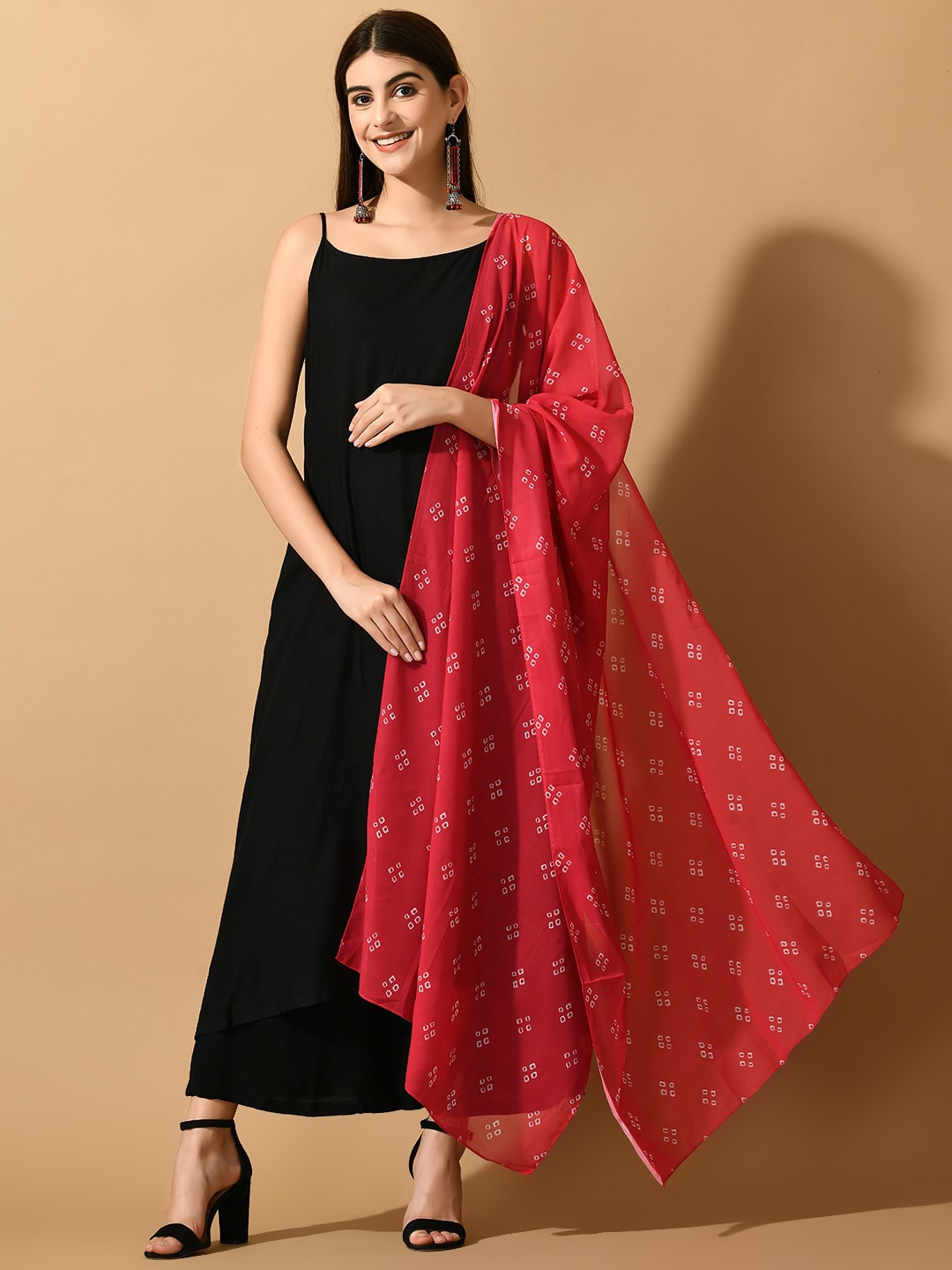 

KALINI Shoulder Strap Linen A-Line Kurta with Palazzos & Dupatta, Black