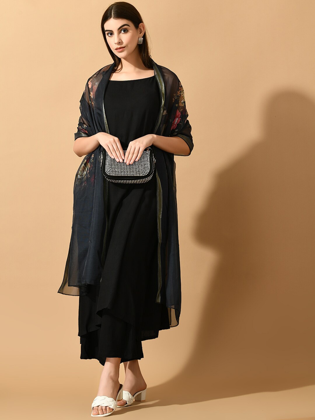 

KALINI Shoulder Straps A-Line Kurta With Palazzos & Dupatta, Black