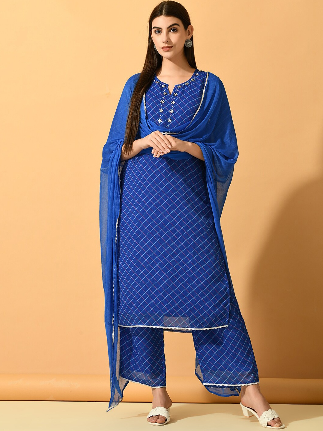 

KALINI Checked Regular Beads and Stones Silk Chiffon Kurta With Palazzos & Dupatta, Blue