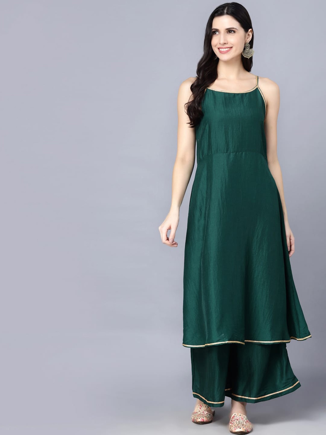 

KALINI Shoulder Straps Sleeveless Gotta Patti Kurta With Palazzos, Green