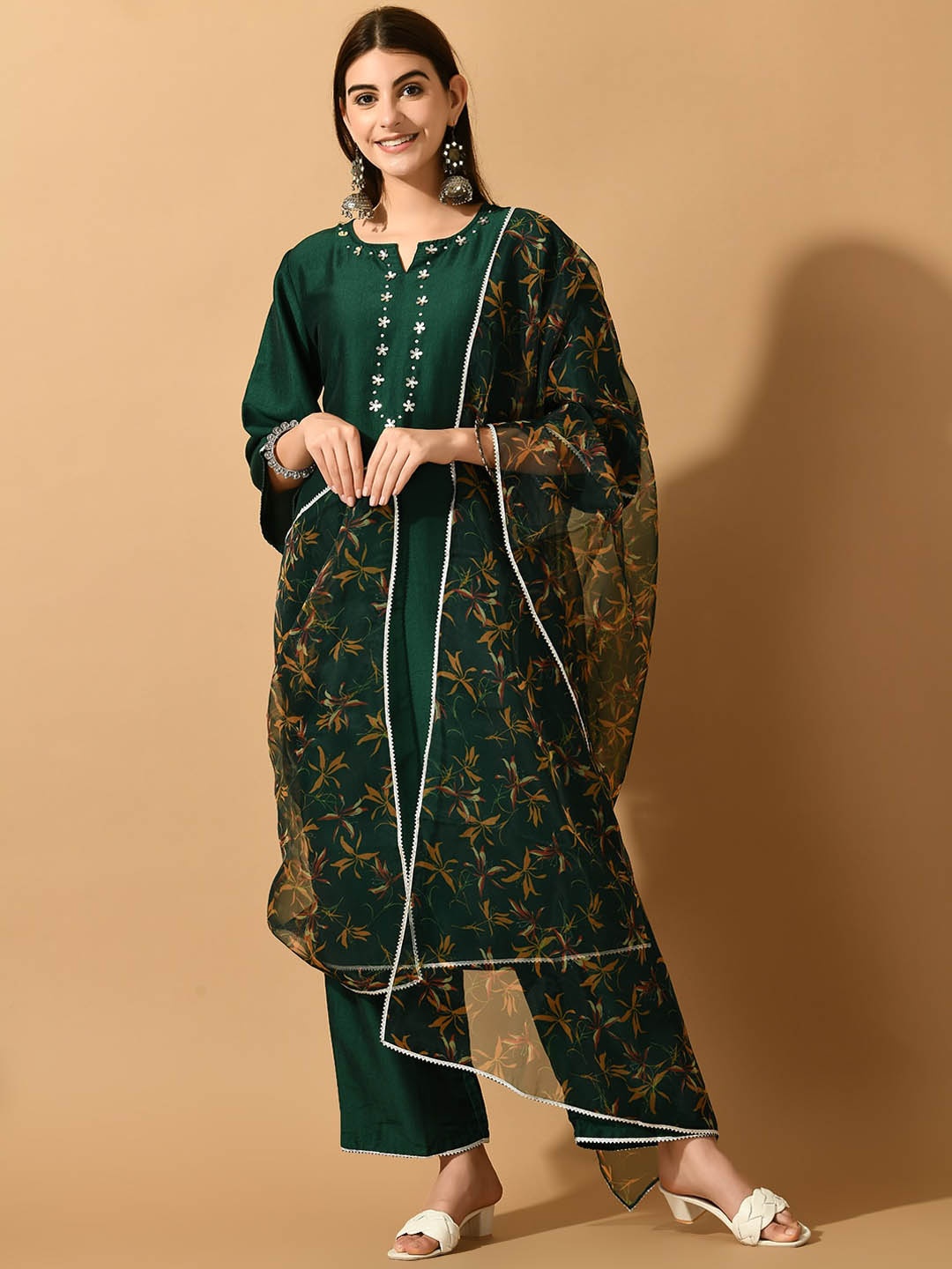 

KALINI Notched Neck Beads & Stones Kurta With Palazzos & Dupatta, Green