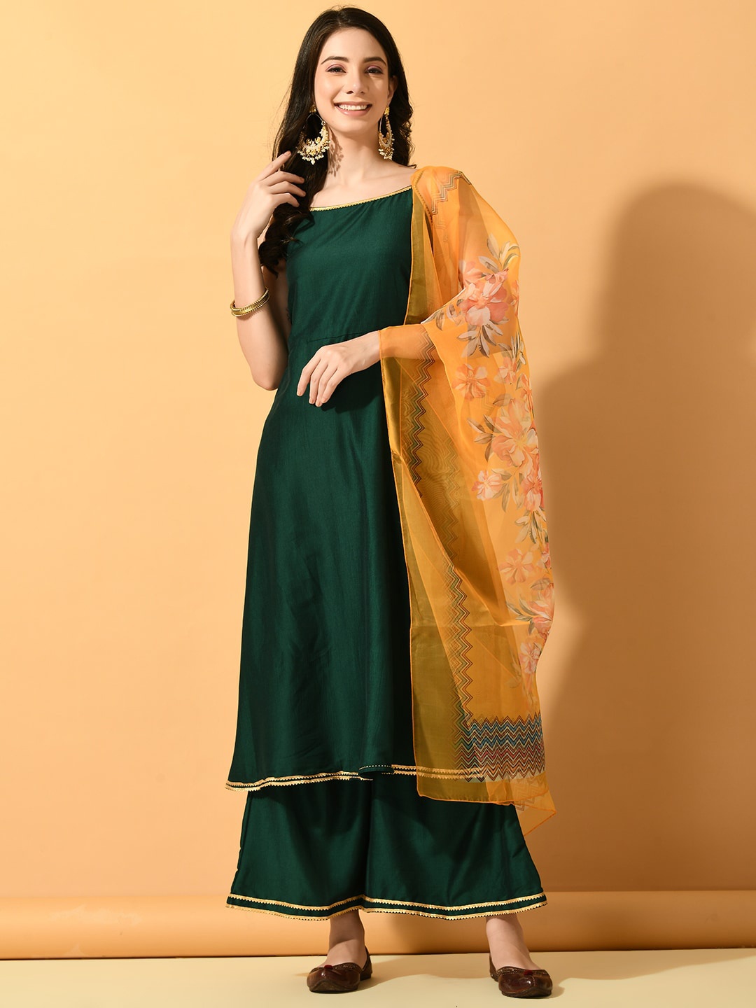 

KALINI Shoulder Straps Sleeveless Gotta Patti Kurta With Palazzos & Dupatta, Green