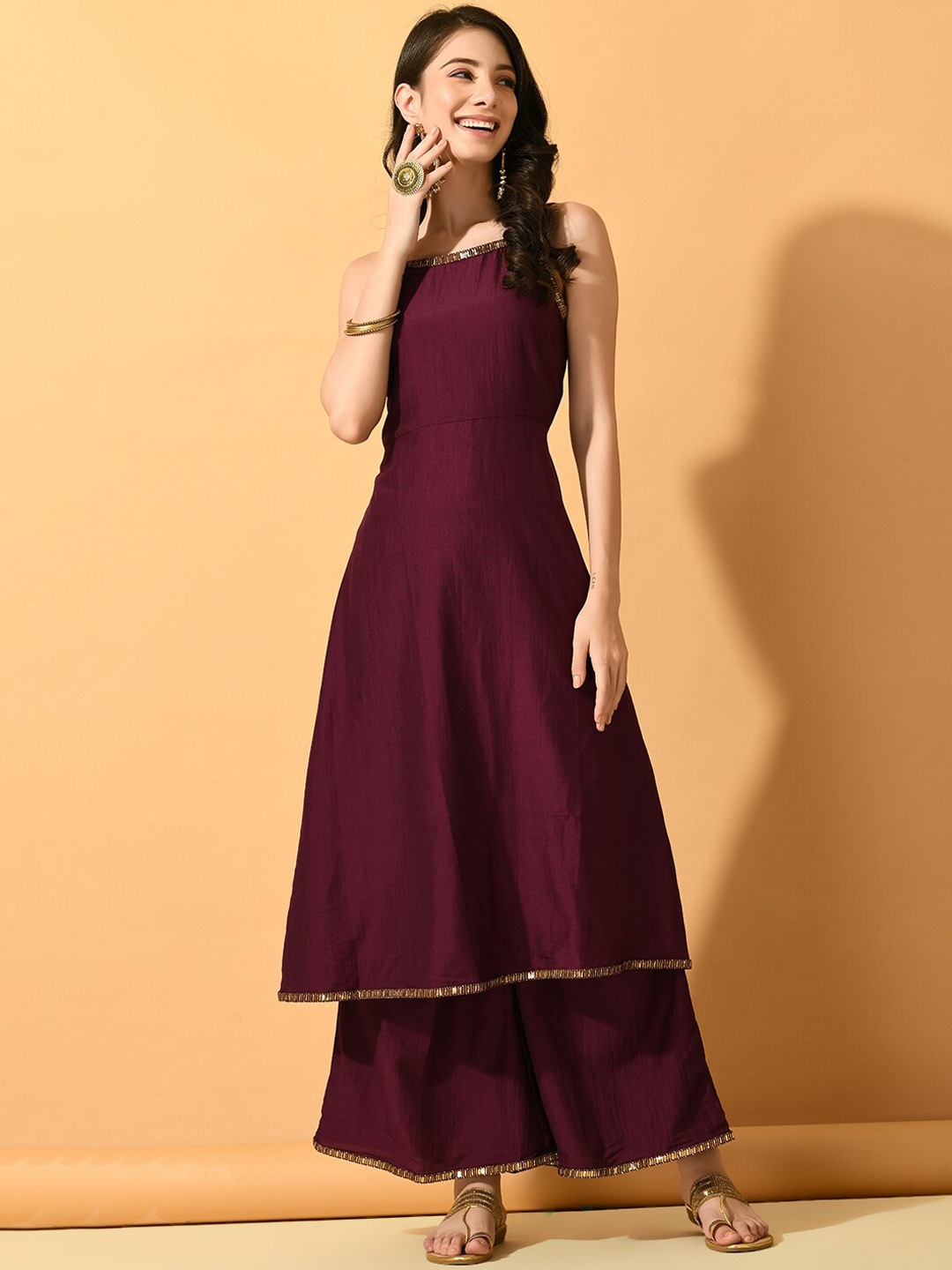 

KALINI Shoulder Straps A-Line Kurta with Palazzos, Violet