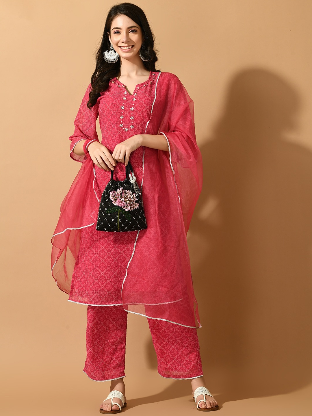 

KALINI Bandhani Printed Beads & Stones Georgette Straight Kurta With Palazzos & Dupatta, Pink