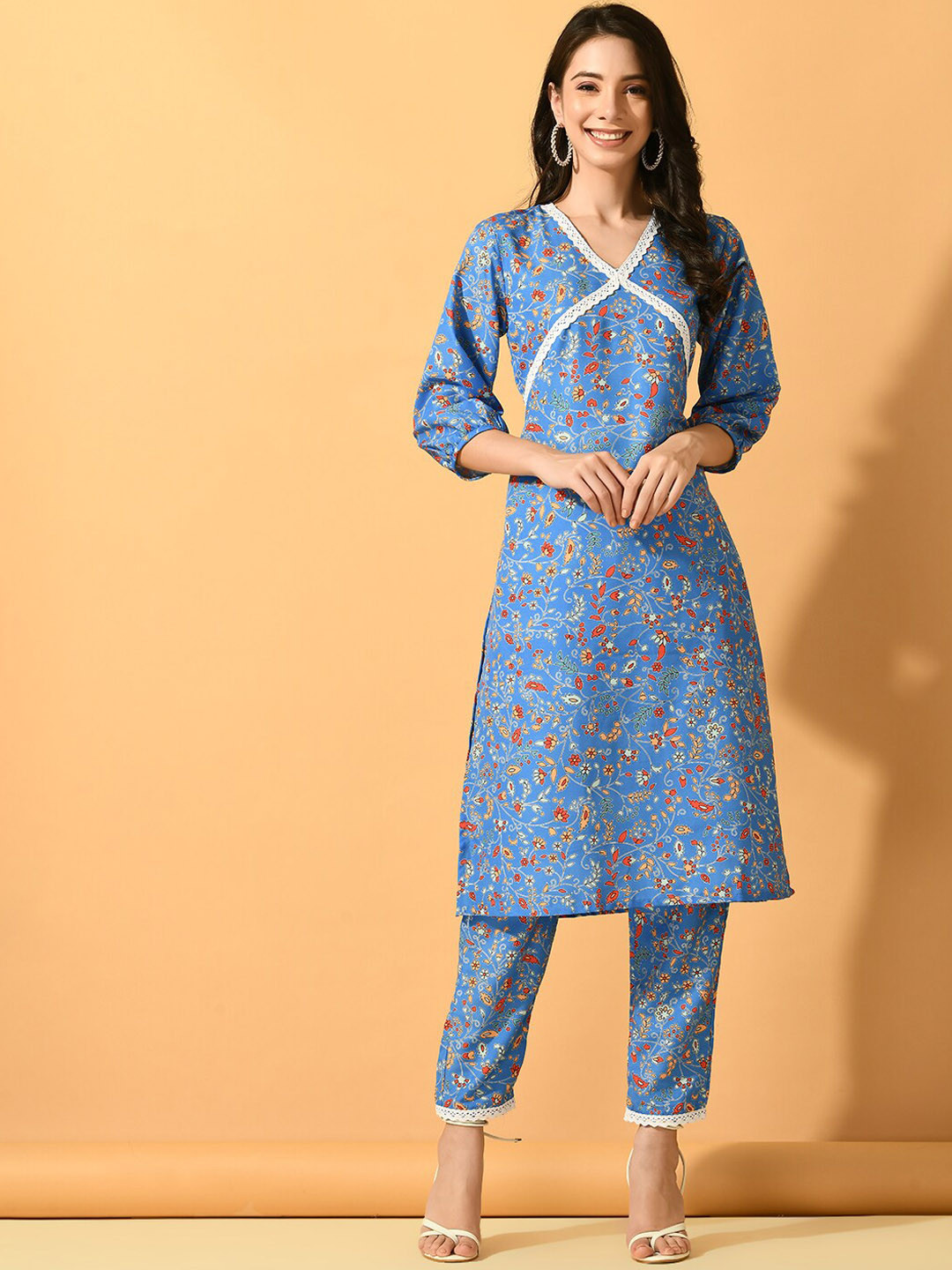 

KALINI Floral Printed V-Neck Regular Linen Kurta With Trousers, Blue