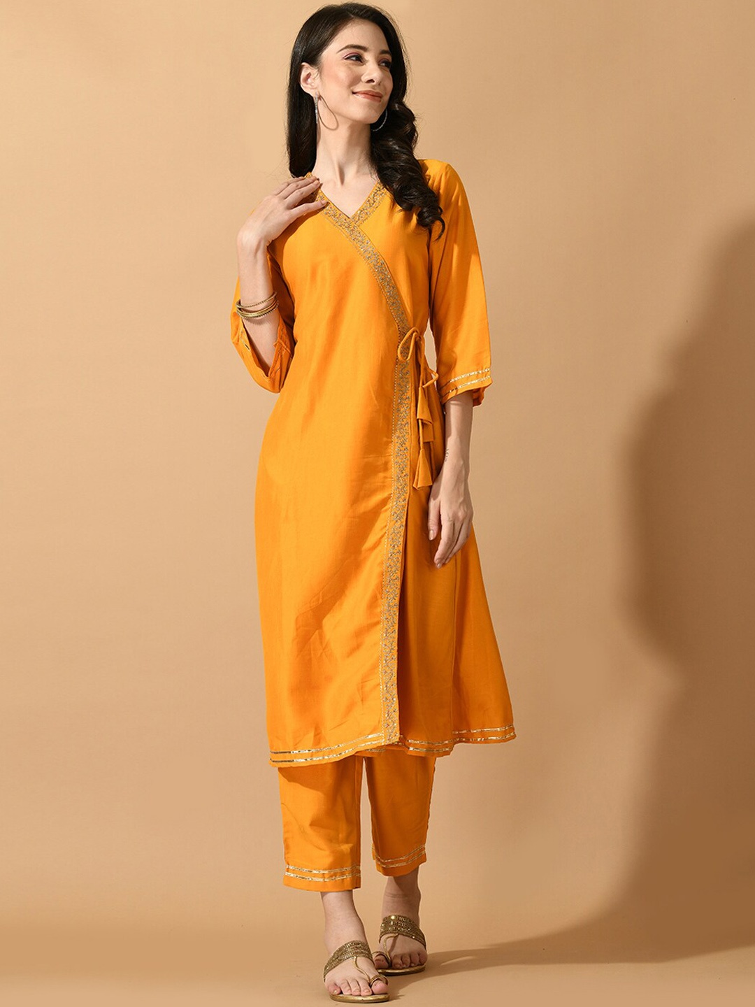

KALINI Floral Embroidered V-Neck Gotta Patti Tie-Up Angrakha Kurta & Trousers, Yellow