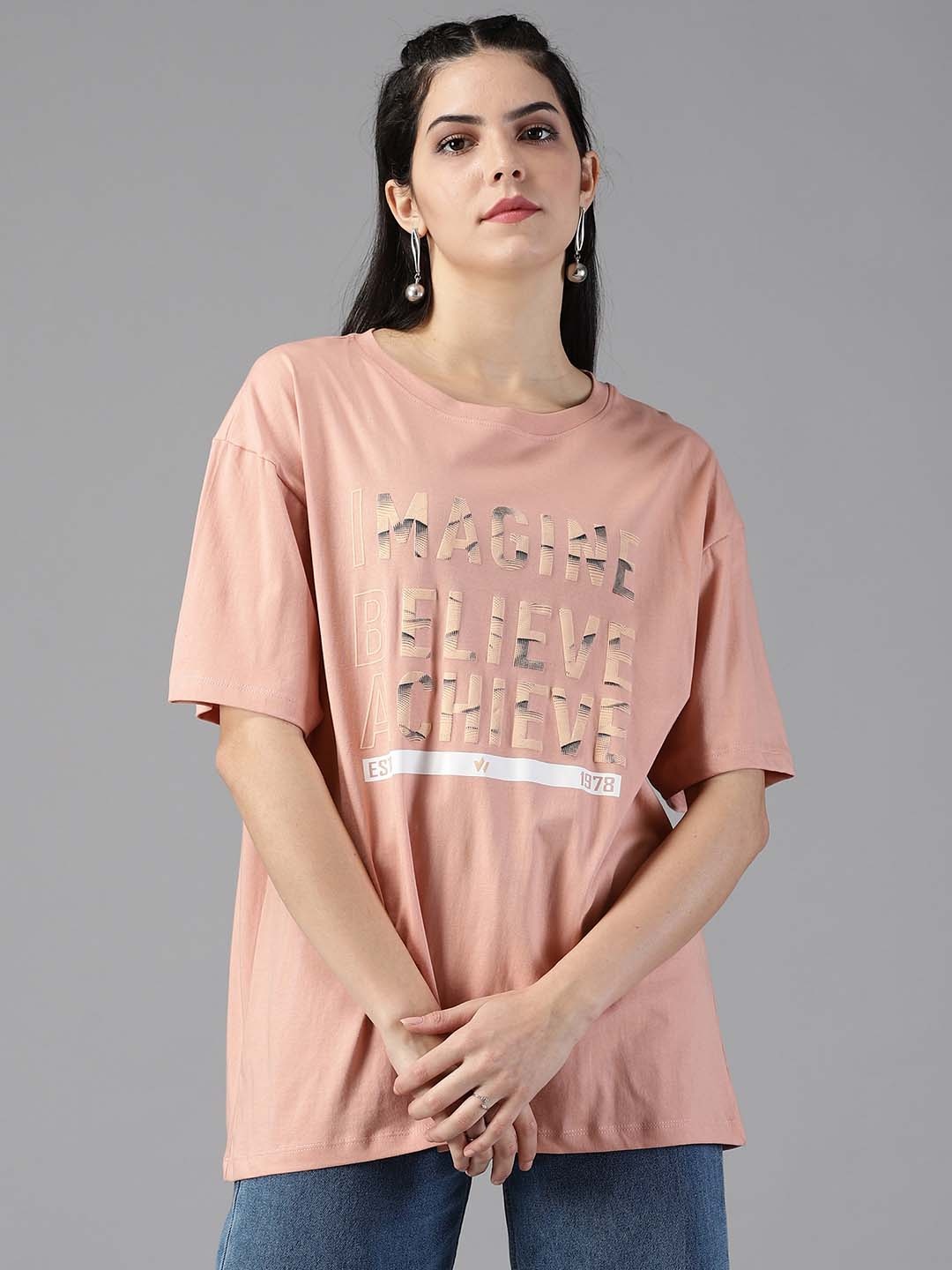 

Roadster Typography Printed Oversized Pure Cotton T-Shirt, Peach
