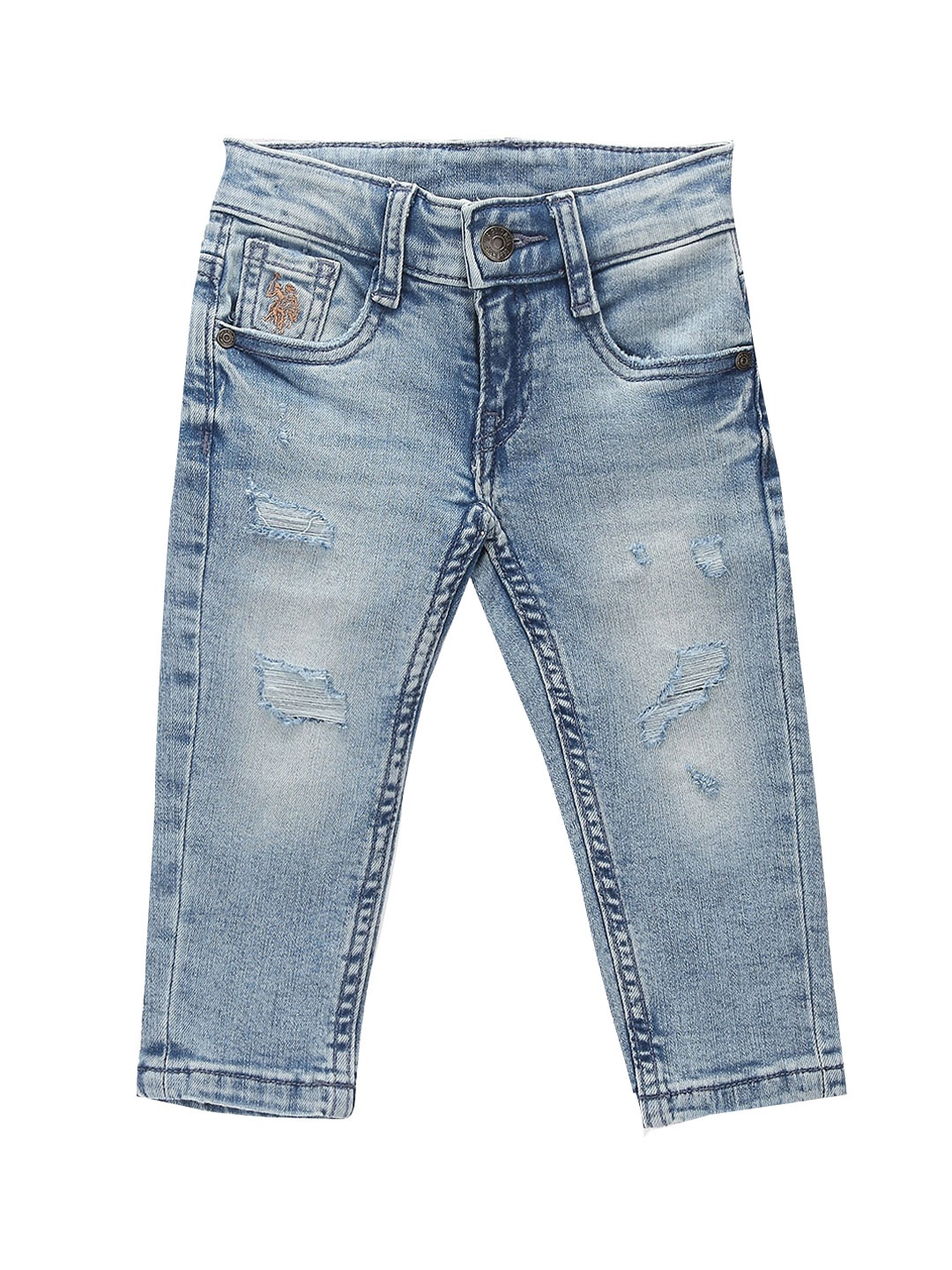 

U.S. Polo Assn. Kids Boys Slim Fit Mid Rise Mildly Distressed Heavy Fade Stretchable Jeans, Blue