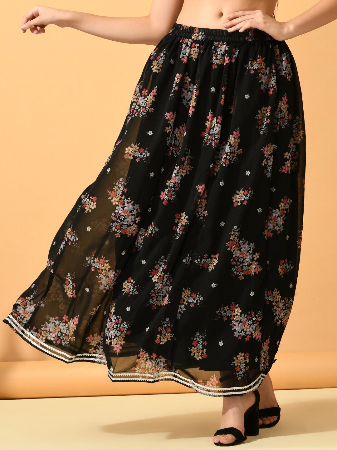 

KALINI Floral Printed Gathered Or Pleated Georgette Flared Maxi Skirt, Black
