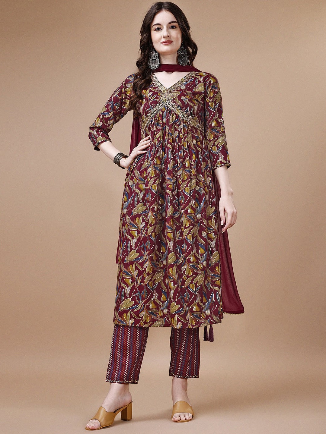 

KALINI Floral Printed V-Neck Sequinned Empire A-Line Kurta with Trousers & Dupatta, Maroon
