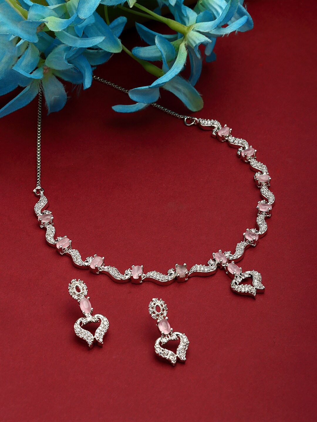 

ZENEME Rhodium Plated AD Studded Jewellery Set, Silver