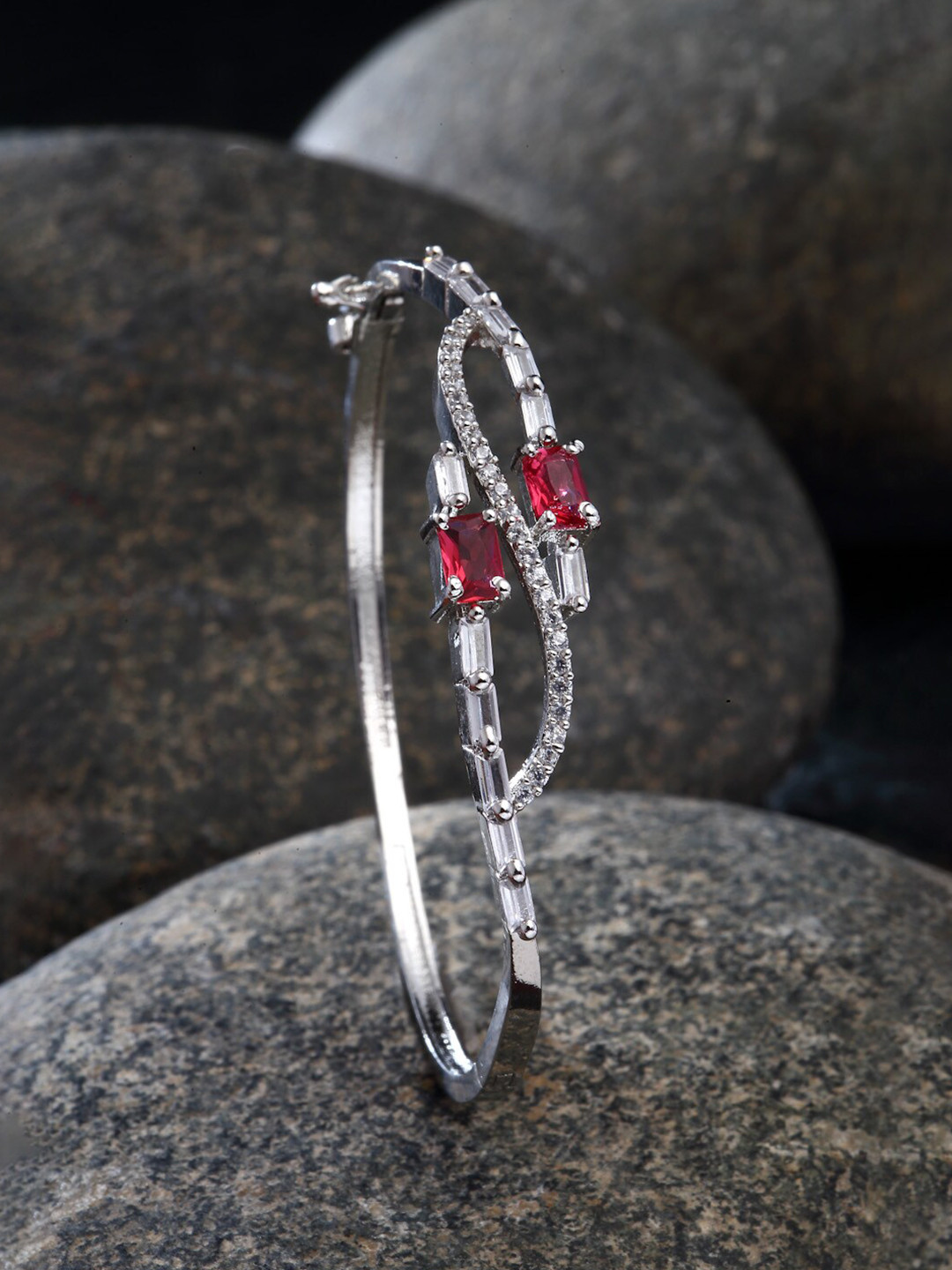 

ZENEME Rhodium-Plated Brass American Diamond Kada Bracelet, Silver