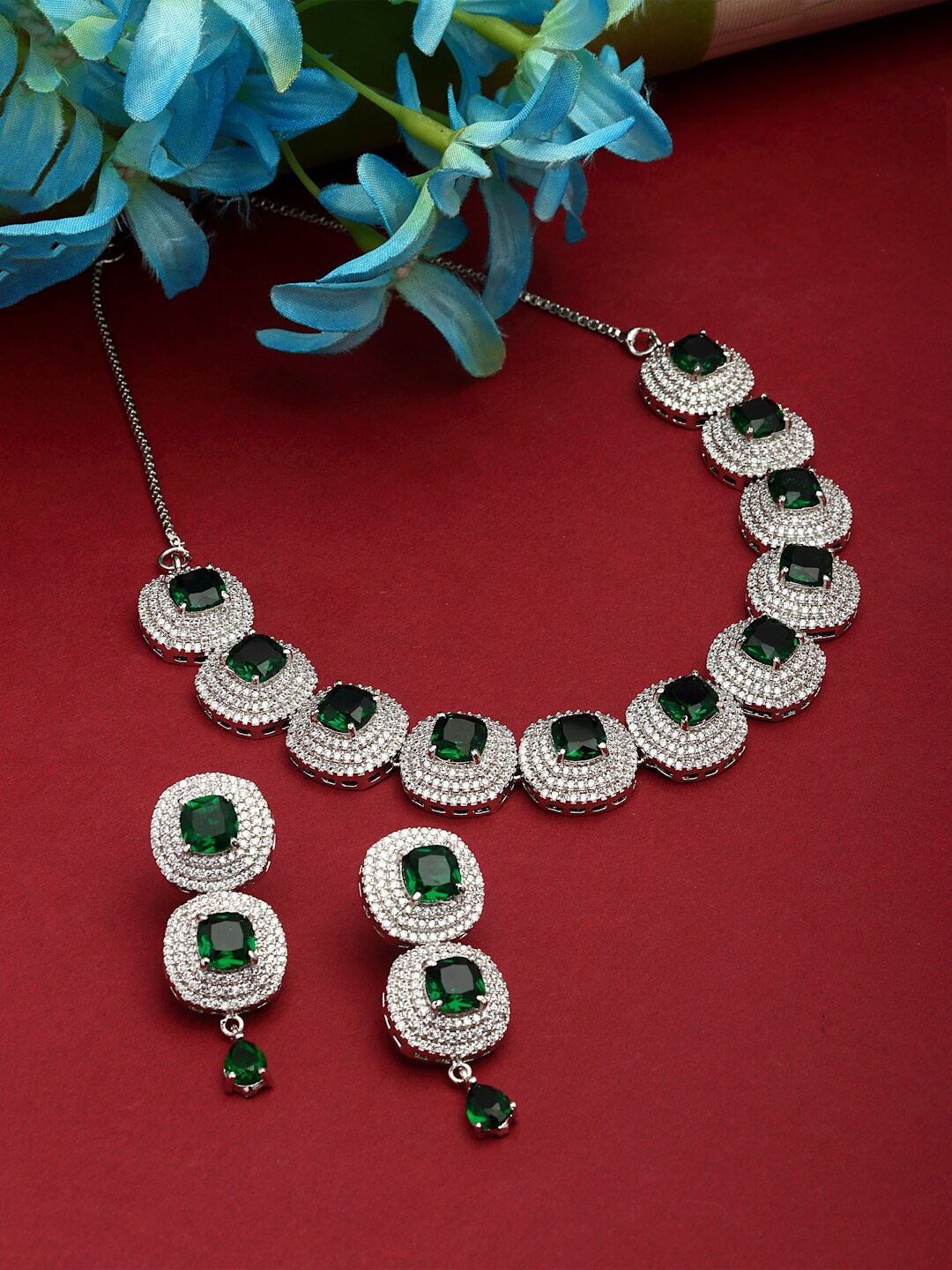 

ZENEME Rhodium Plated CZ Studded Jewellery Set, Silver