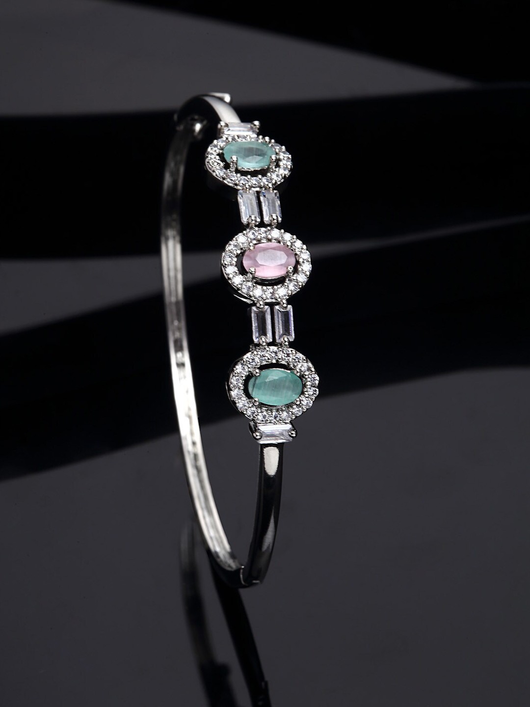 

ZENEME Rhodium-Plated Brass American Diamond Kada Bracelet, Sea green
