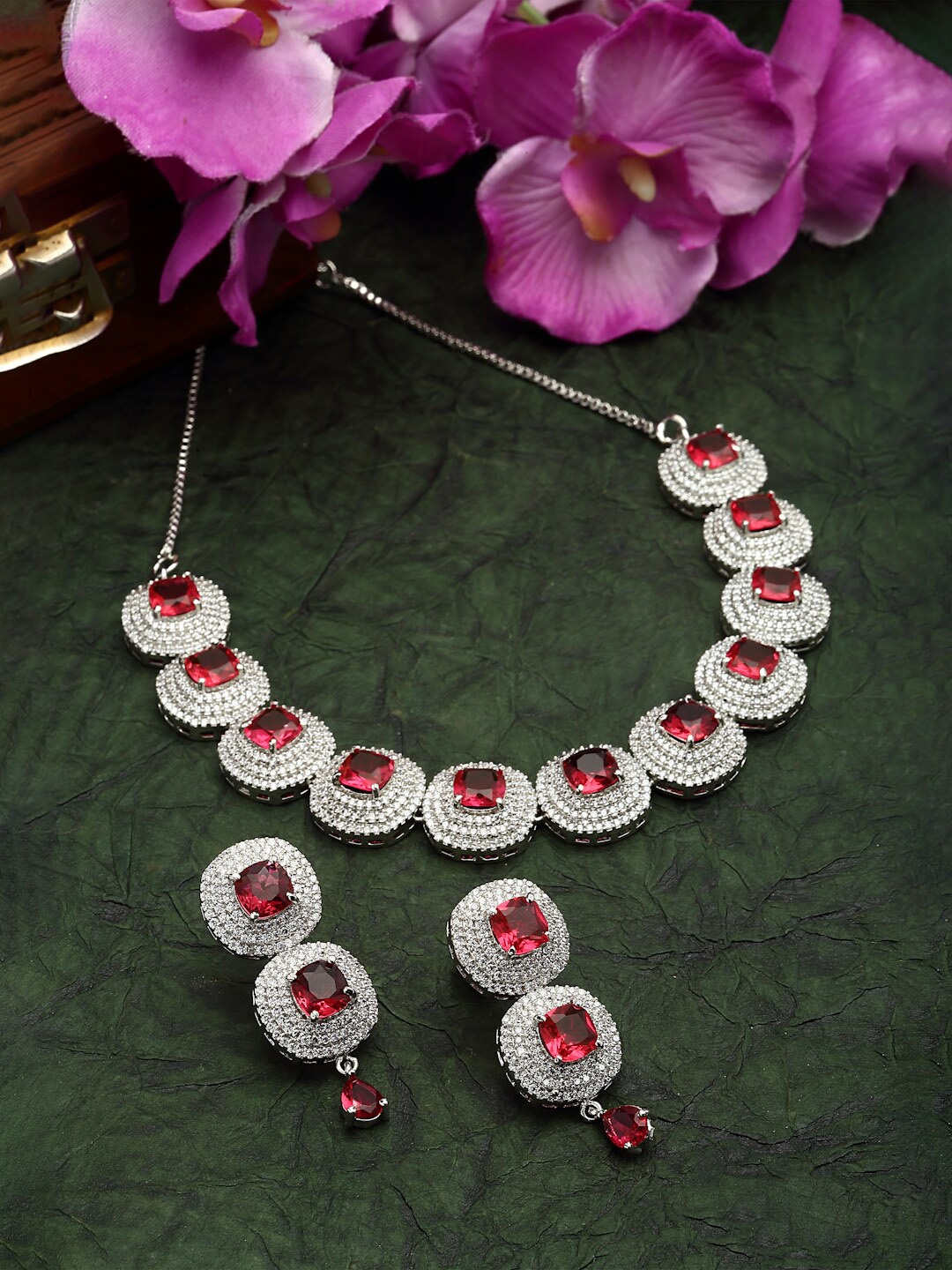 

ZENEME Rhodium Plated CZ Studded Jewellery Set, Silver