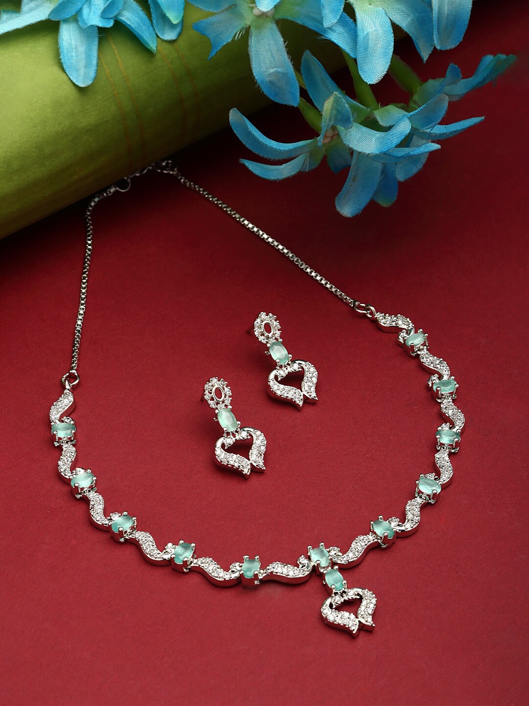 

ZENEME Rhodium Plated AD Studded Jewellery Set, Silver