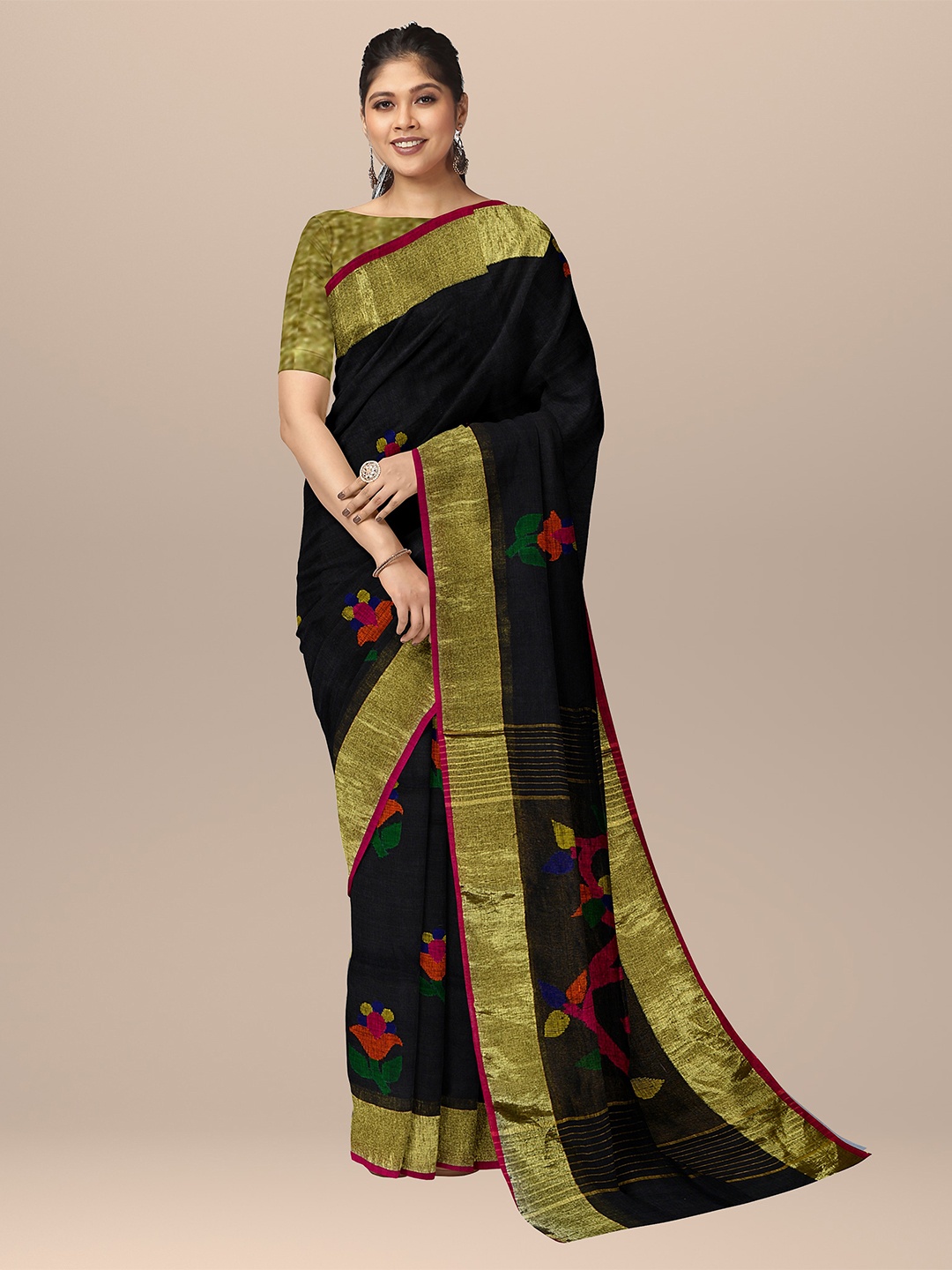 

SARIKA Floral Woven Design Zari Pure Linen Saree, Black