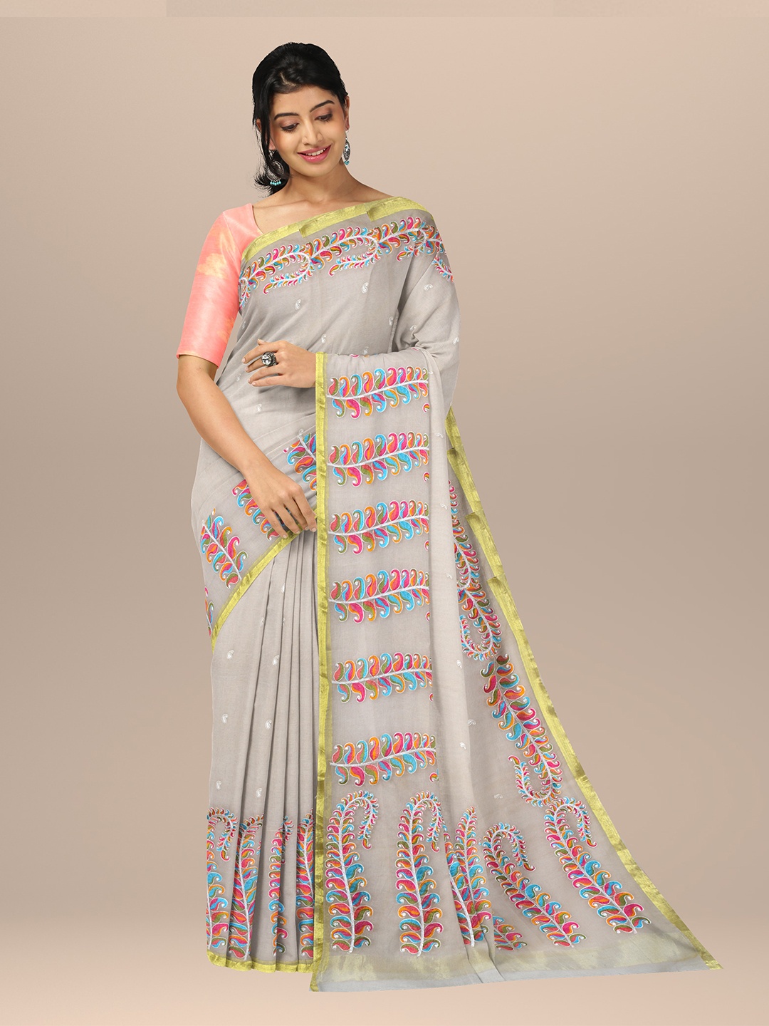 

SARIKA Paisley Embroidered Zari Saree, Beige