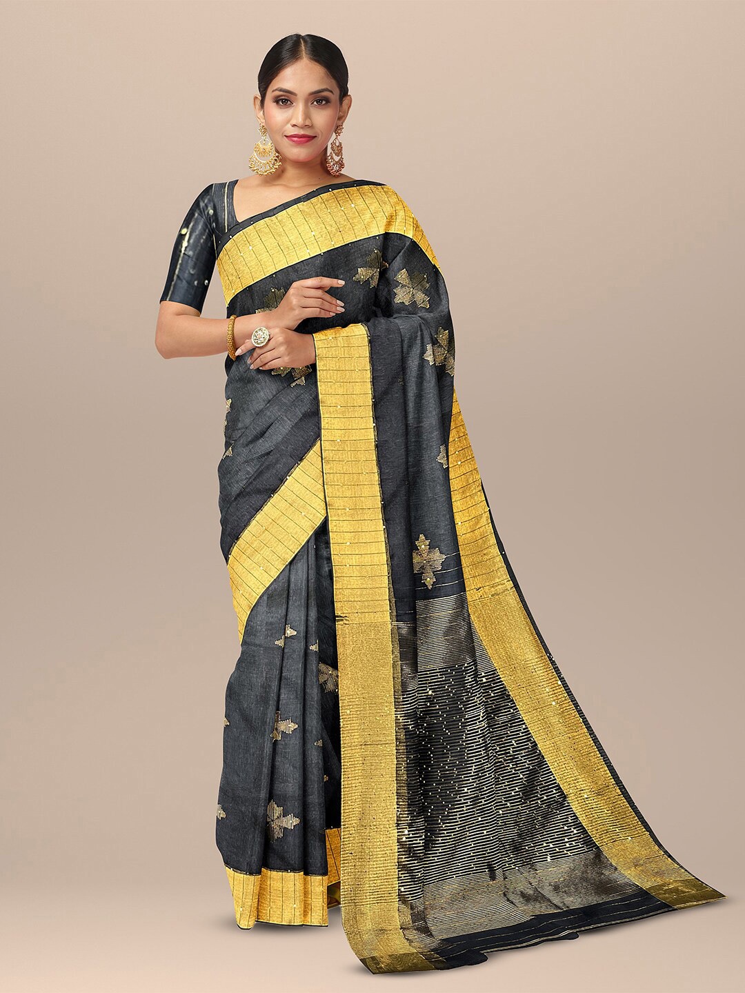 

SARIKA Floral Sequinned Pure Silk Saree, Black