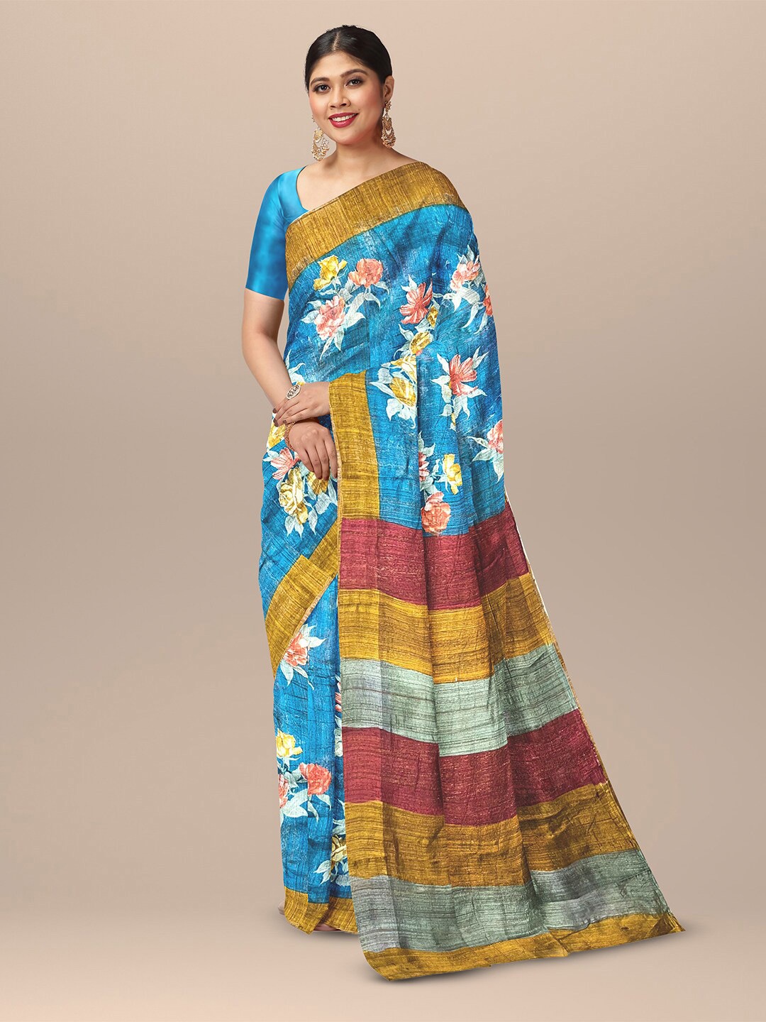 

SARIKA Floral Printed Jute Cotton Saree, Blue