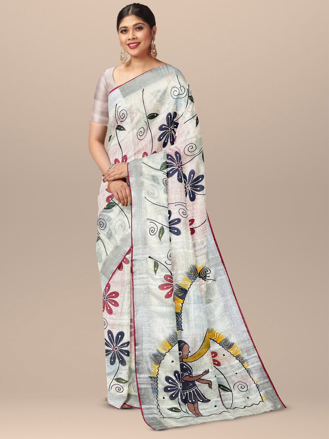 

SARIKA Ethnic Motifs Printed Pure Linen Saree, Off white