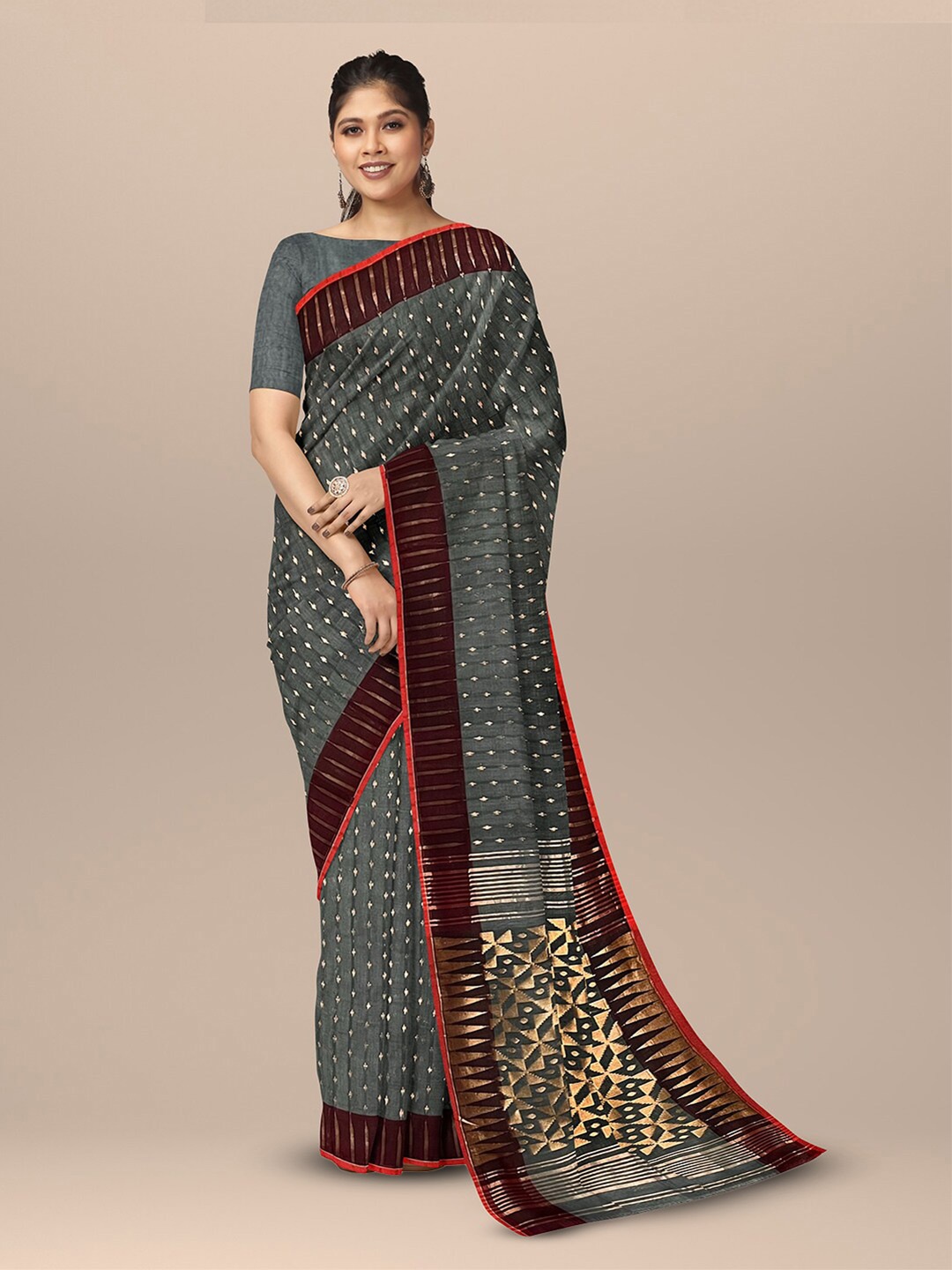 

SARIKA Ethnic Motifs Woven Design Pure Cotton Saree, Grey