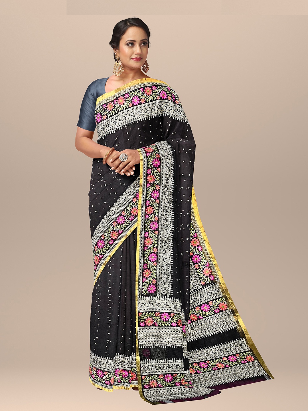 

SARIKA Ethnic Motifs Woven Design Zari Pure Silk Saree, Black