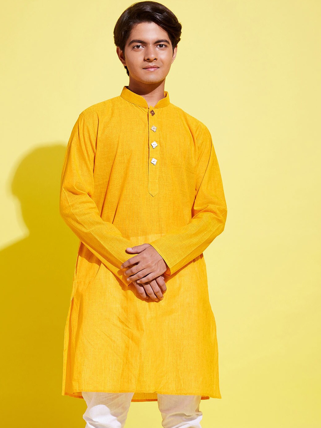 

VASTRAMAY Boys Mandarin Collar Long Sleeves Cotton Straight Kurta, Mustard