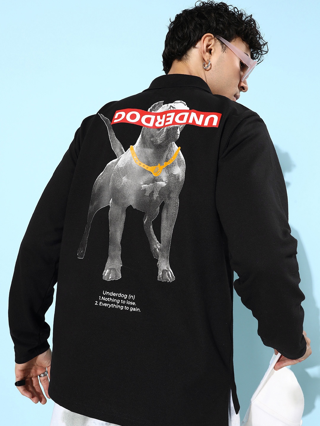 

FREE SOCIETY Men Printed Polo Collar Oversized Pure Cotton T-shirt, Black
