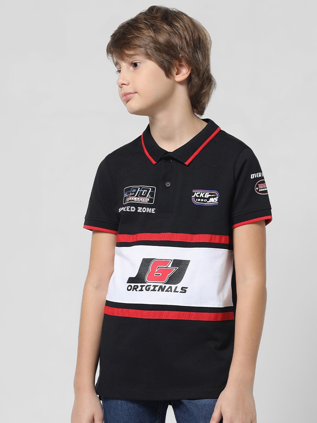 

Jack & Jones Junior Boys Typography Printed Polo Collar Pure Cotton Slim Fit T-shirt, Black