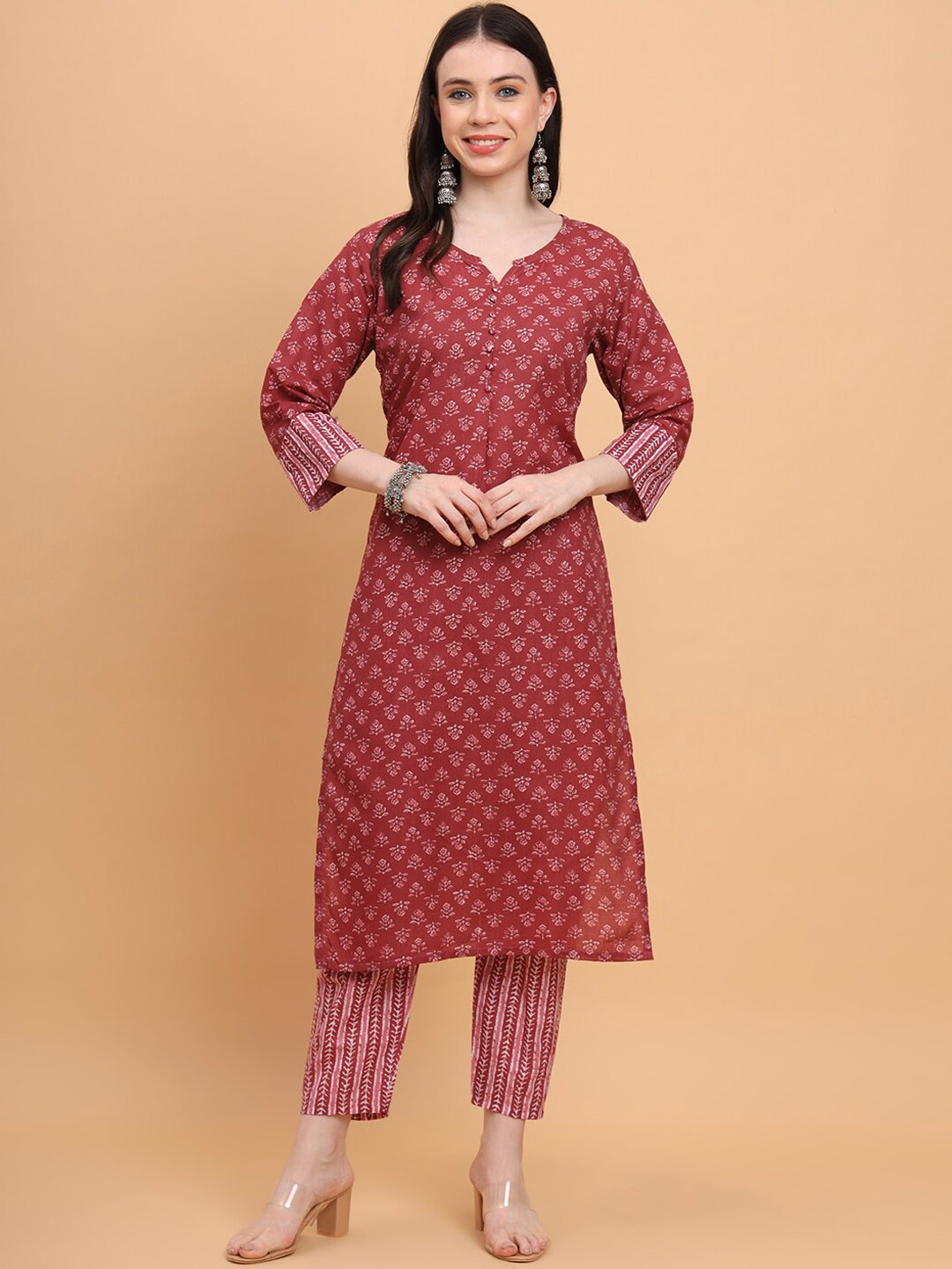 

VAIRAGEE Ethnic Motifs Printed Chanderi Cotton Straight Kurta with Palazzos, Maroon