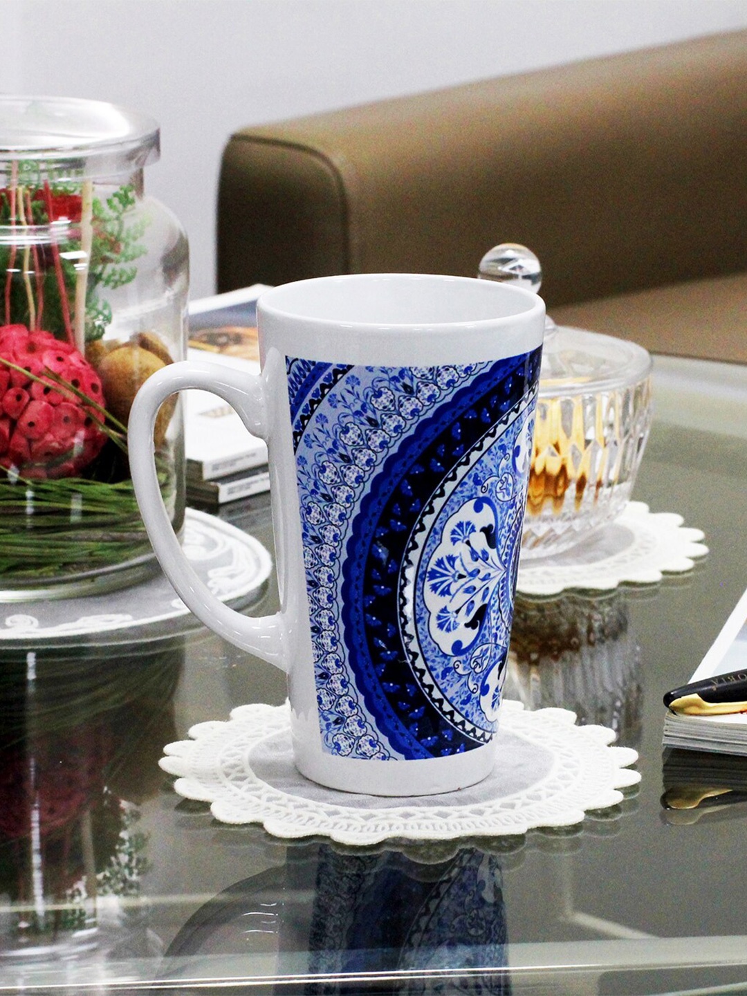 

KOLOROBIA White & Blue Printed Irish Ceramic Glossy Coffee Mug - 425 ML