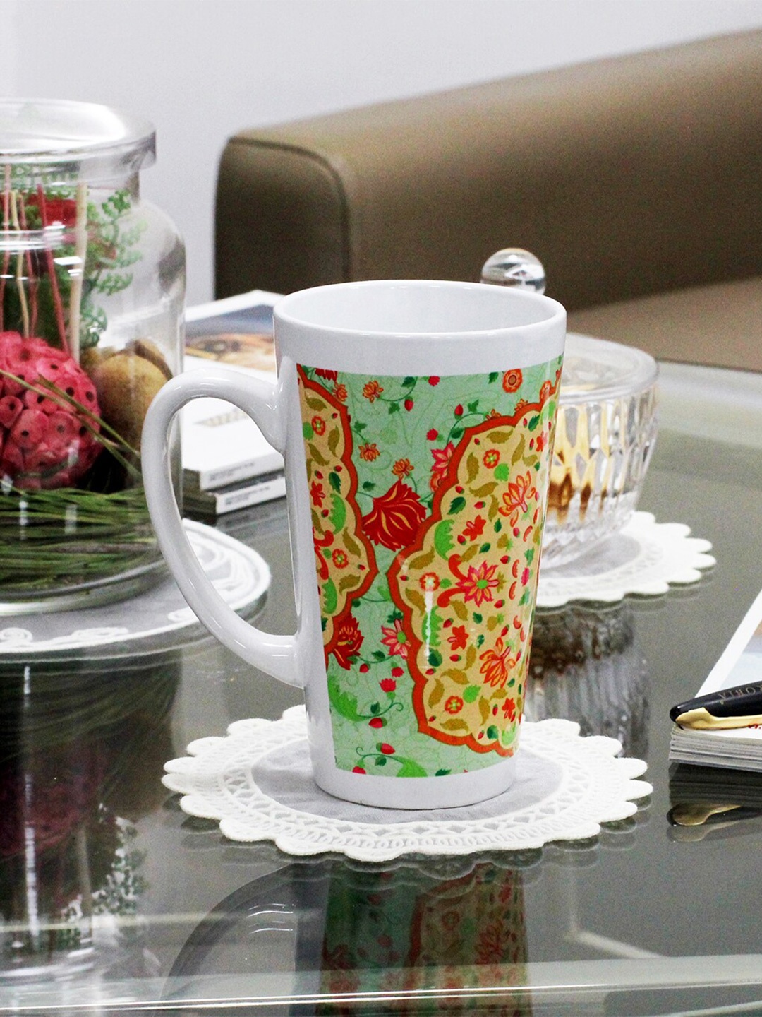 

KOLOROBIA White & Green Printed Ceramic Glossy Irish Mug - 425 ML