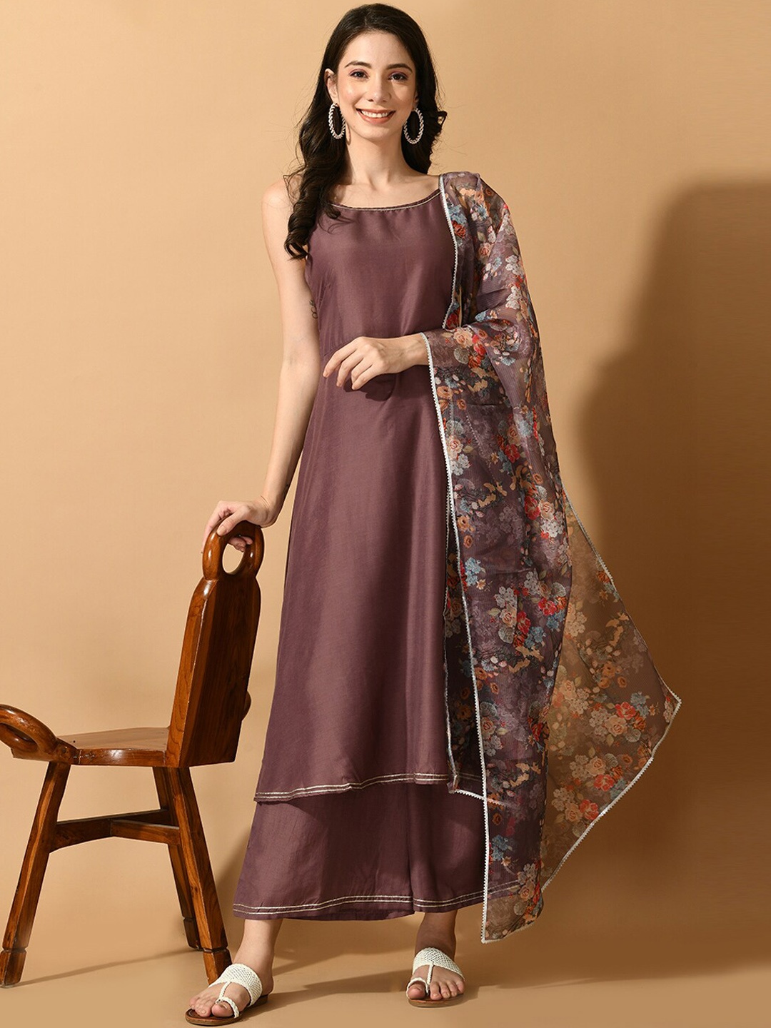 

KALINI Solid Sleeveless A-Line Kurta With Palazzos & Dupatta, Mauve
