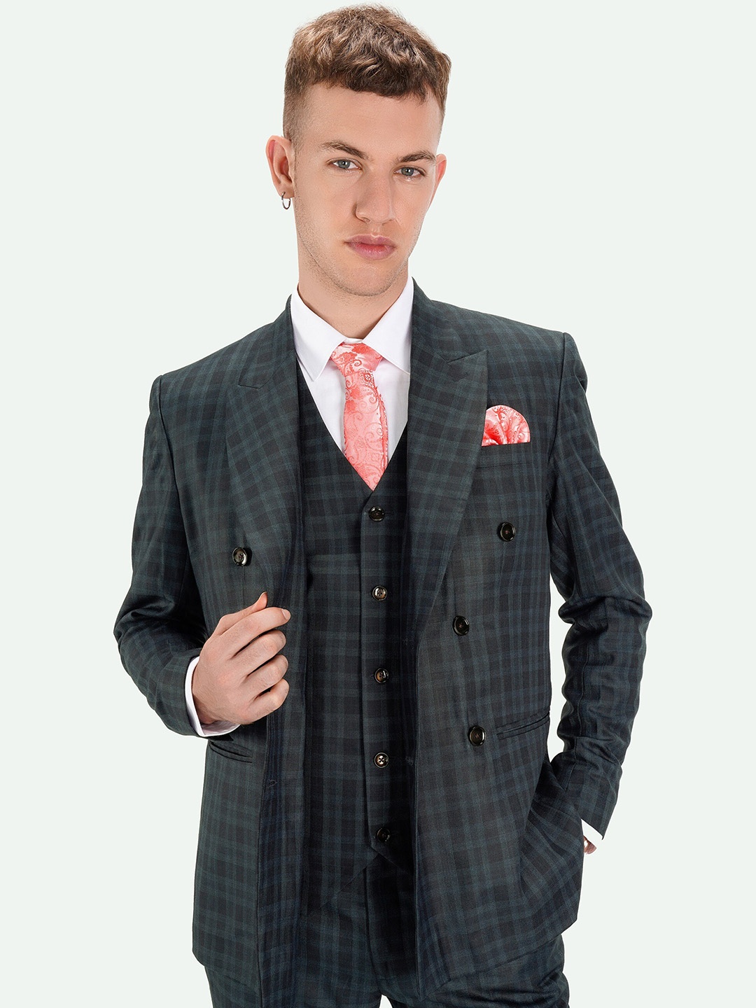 

FRENCH CROWN Checked Double-Breasted Wool Formal Blazer, Blue