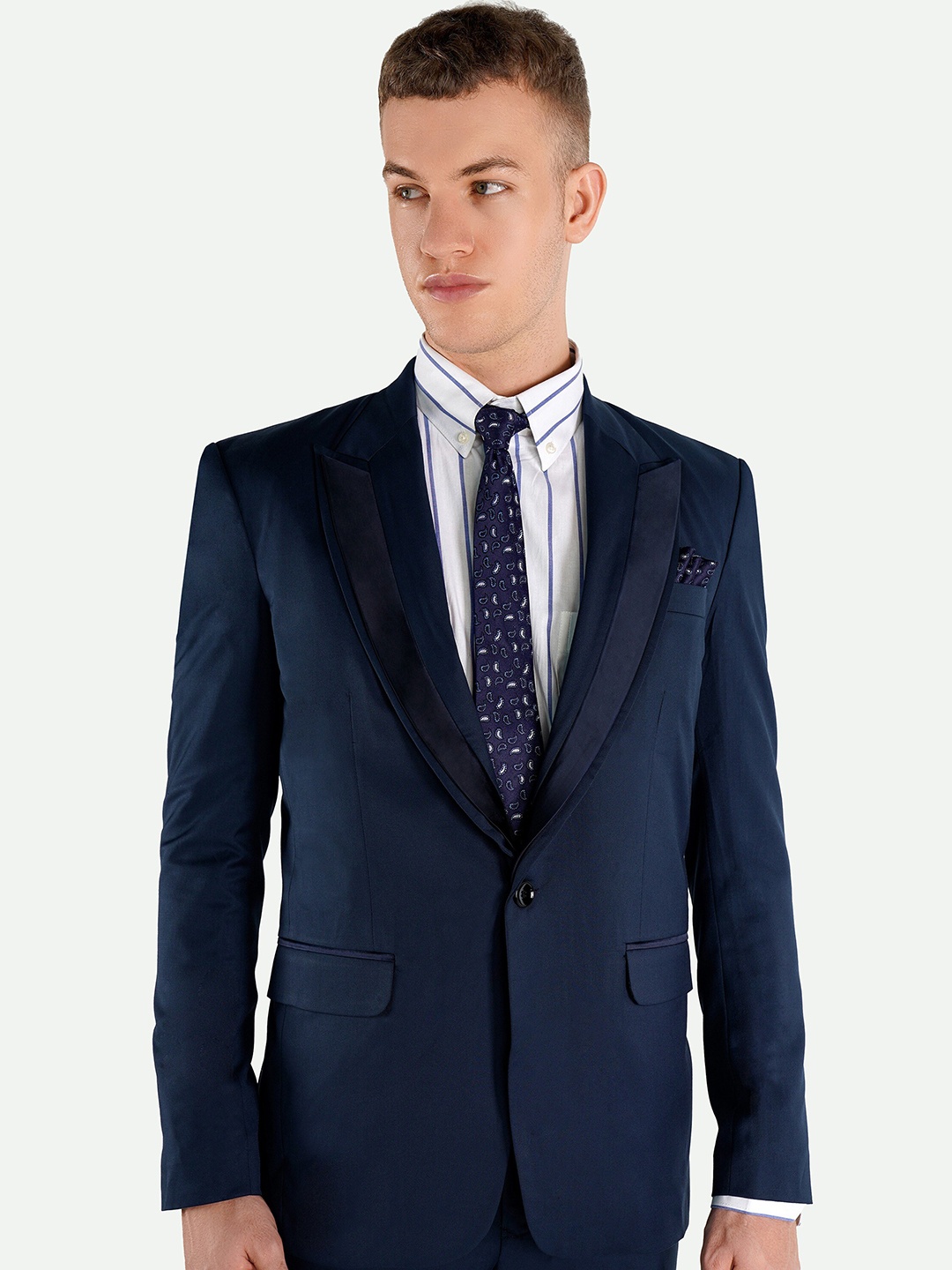 

FRENCH CROWN Peaked Lapel Collar Single-Breasted Wool Formal Blazer, Grey