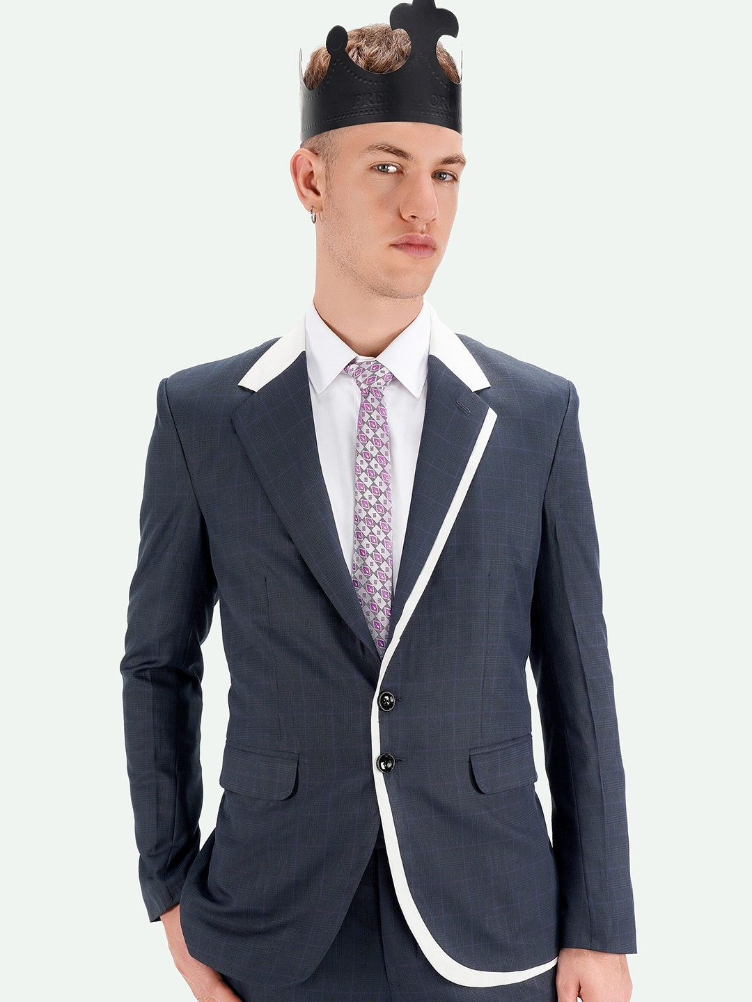 

FRENCH CROWN Checked Single Breasted Wool Formal Blazer, Blue