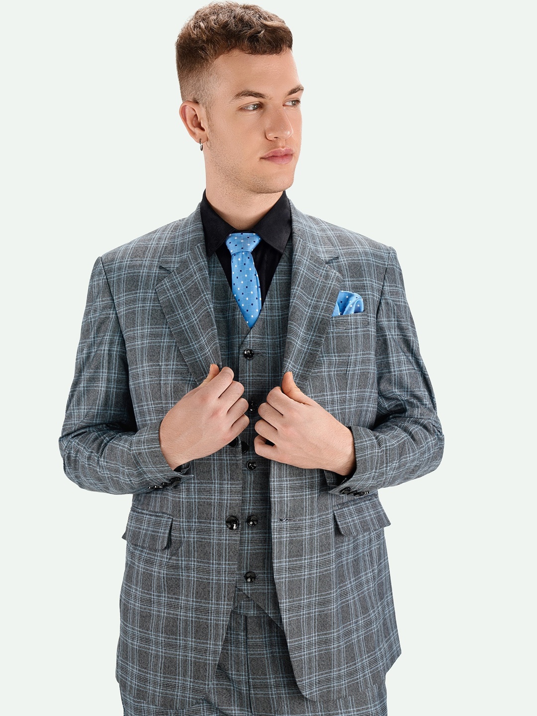 

FRENCH CROWN Checked Single Breasted Wool Formal Blazer, Grey
