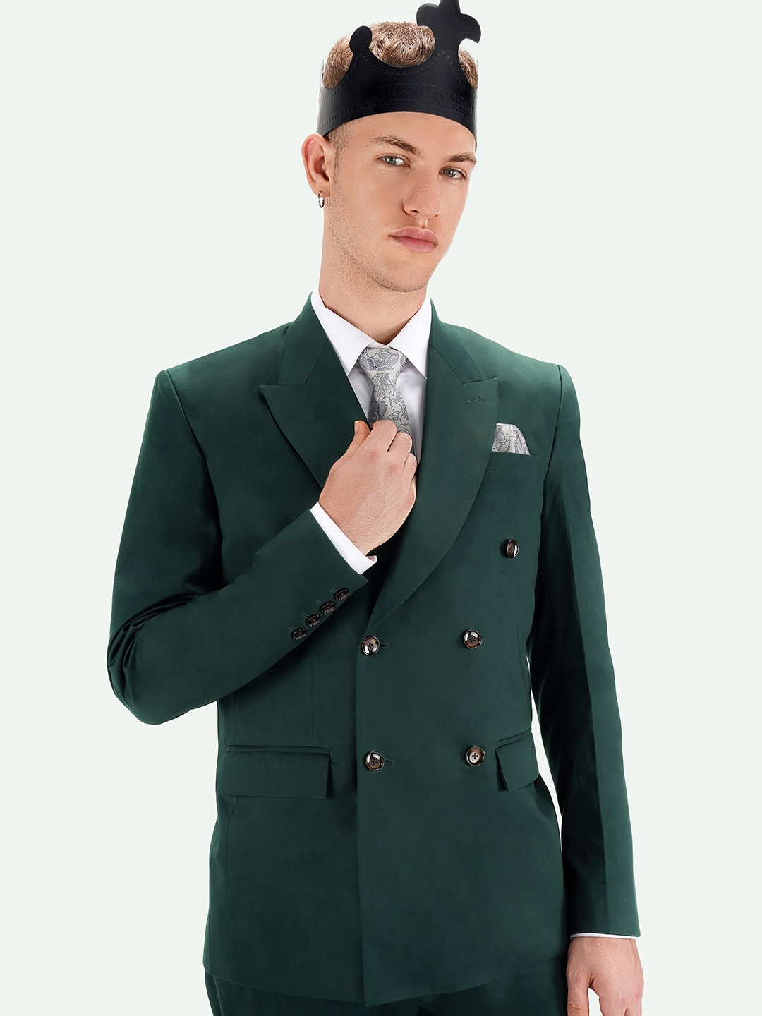 

FRENCH CROWN Double Breasted Cotton Formal Blazer, Green