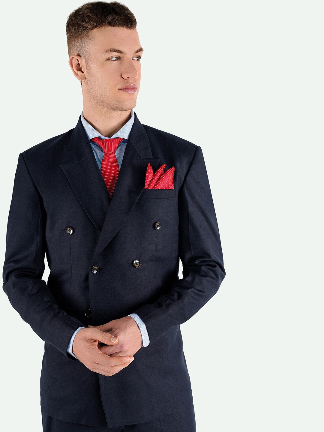 

FRENCH CROWN Double Breasted Wool Formal Blazer, Blue