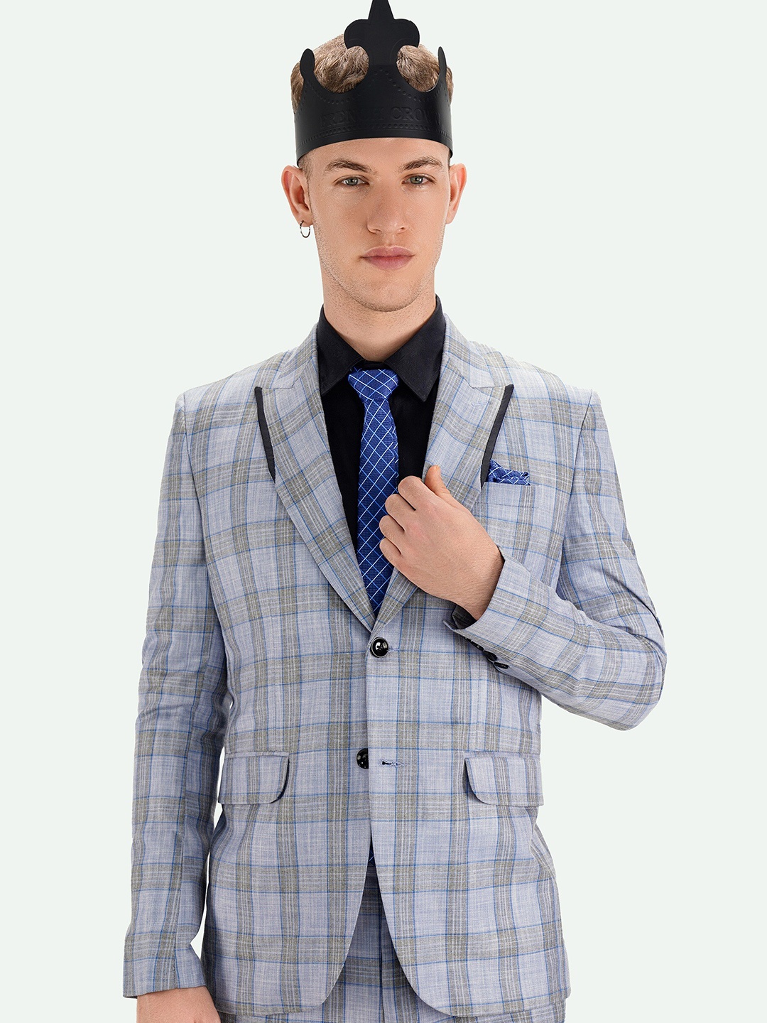 

FRENCH CROWN Checked Single Breasted Wool Formal Blazer, Grey