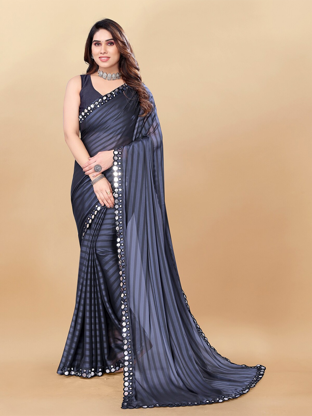 

Rangita Striped Mirror Work Saree, Grey