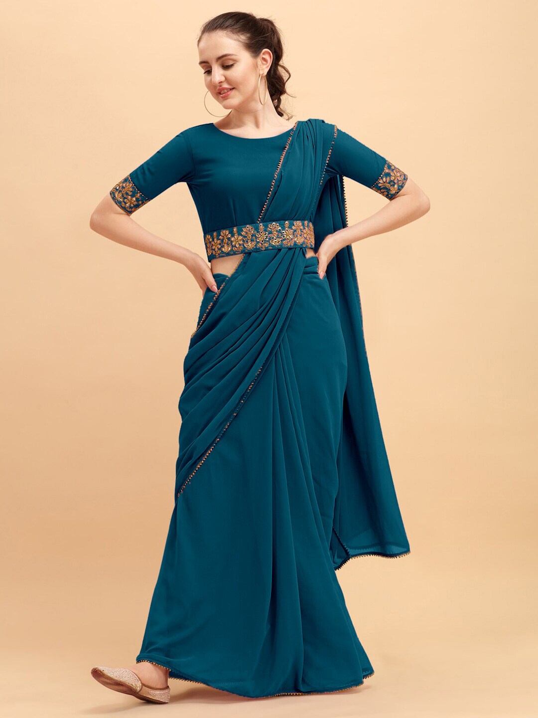 

Rangita Poly Georgette Belted Saree, Teal