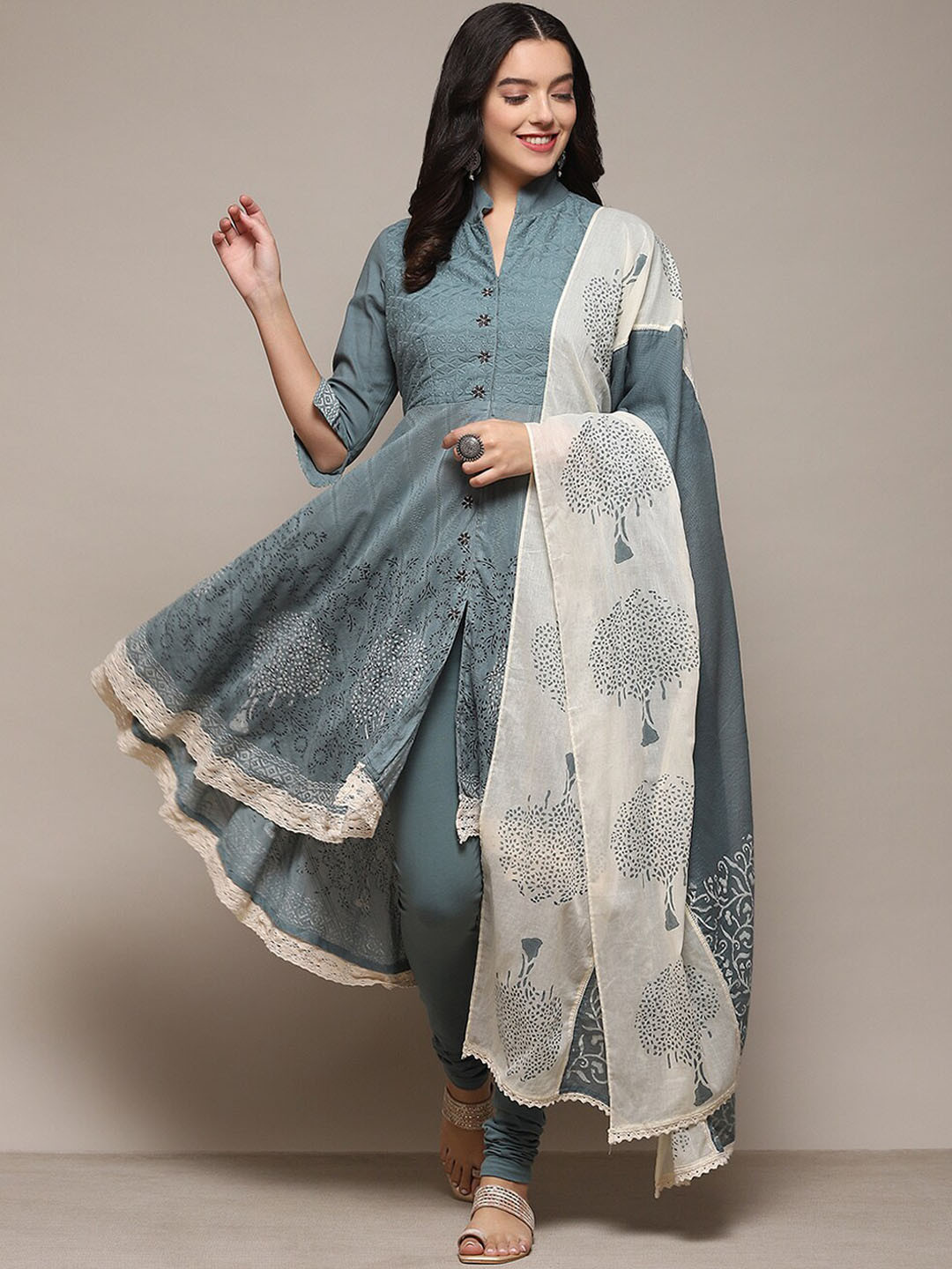 

Biba Ethnic Motifs Embroidered Empire Pure Cotton Kurta & Churidar With Dupatta, Turquoise blue