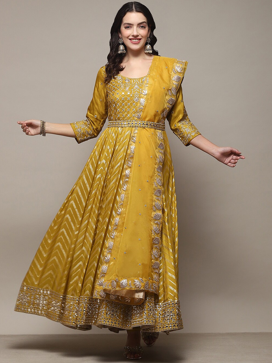 

Biba Woven Design Regular Zari Panelled Anarkali Kurta with Churidar & Dupatta, Yellow