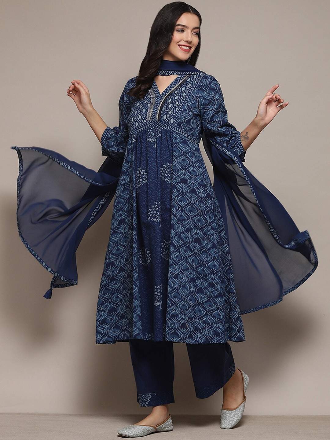 

Biba Ethnic Motifs Printed Empire Sequinned Kurta & Palazzos With Dupatta, Blue