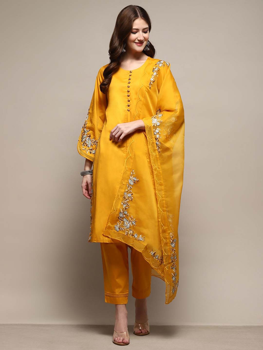 

Biba Floral Printed Pure Cotton Kurta & Trousers With Dupatta, Yellow