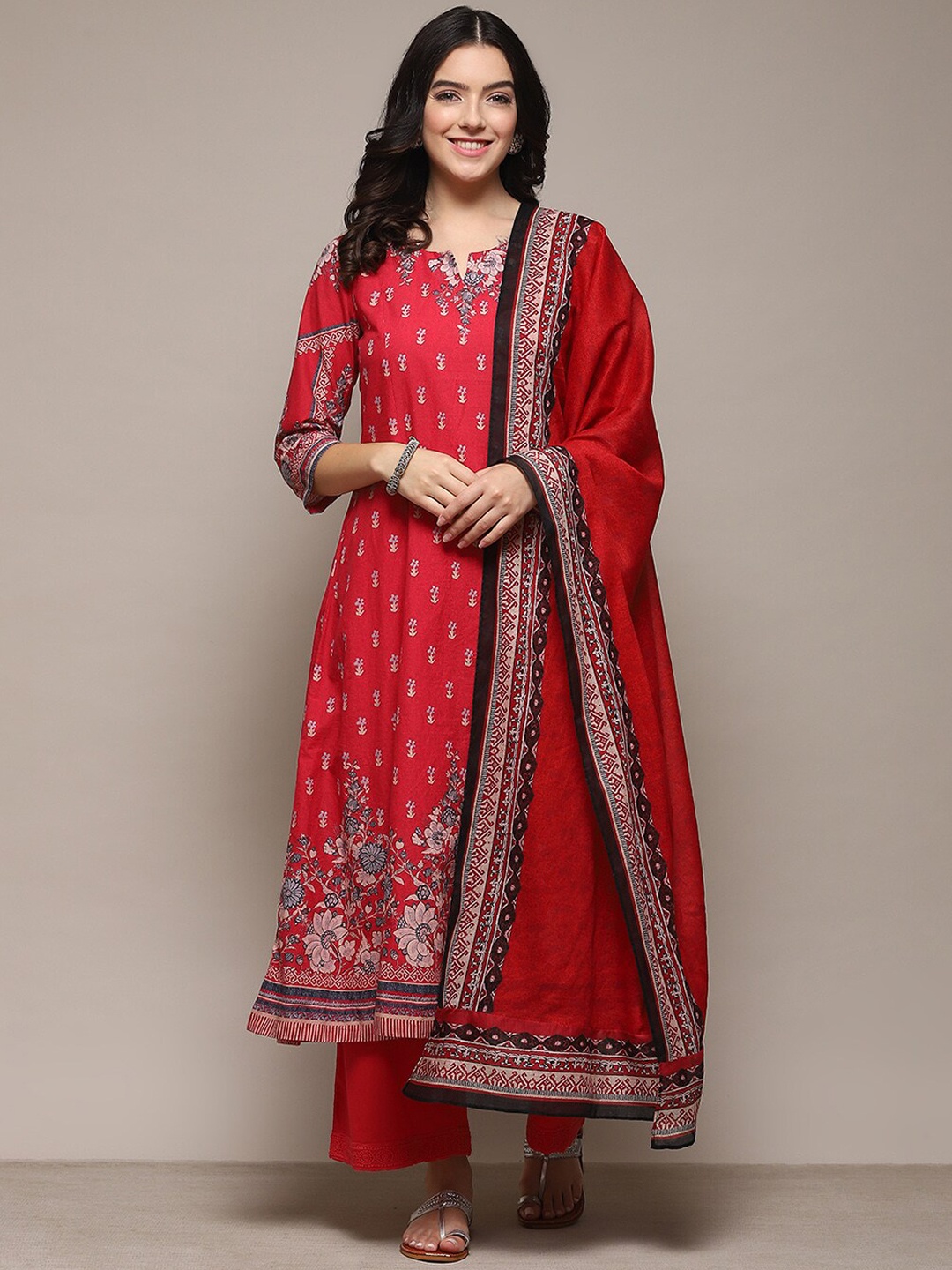 

Biba Ethnic Motifs Printed Regular Kurta with Palazzos & With Dupatta, Red